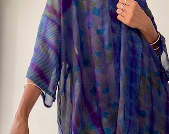 Tie dye Silk shirt loose fit light daily wear blouse modest boho lavender blouse breezy airy shirt for the beach elegant blouse