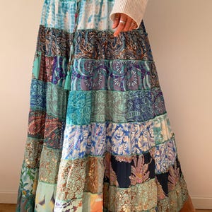 patchwork long skirt blue boho tiered skirt flared comfy floor length skirt gathered travel flounced skirt hippy maxi shirred waist skirt