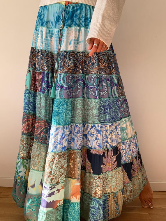 スカート Patchwork-design Printed Long Skirt Patchwork Skirt Cotton Tiered Maxi Long Boho Gypsy Floral