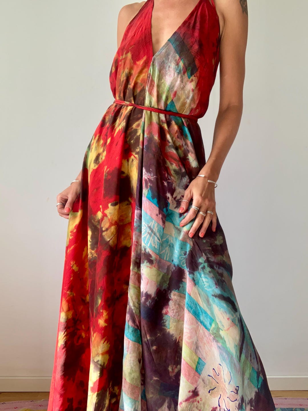 silk tie and dye dress Tie Dye Silk Magic Dress Occasion Long Dress With Open Back Flared Maxi  Dress Boho Flowing Dress for Summer Vacations
