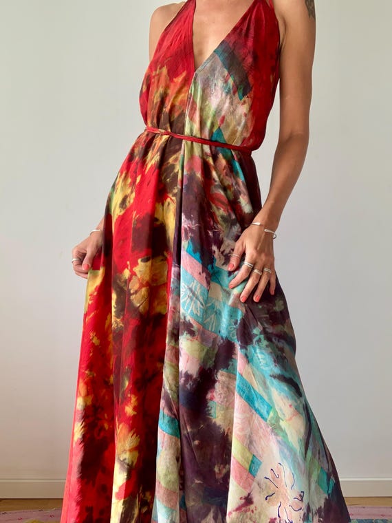boho dress occasion tie dye silk magic dress occasion long dress with open back flared maxi  dress boho flowing dress for summer vacations
