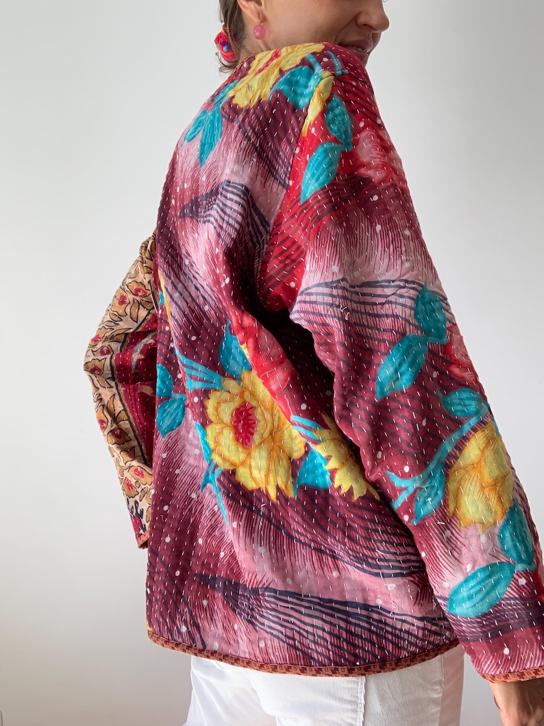 Boho kantha coat for spring oversized hippie reversible coat vintage style soft jacket loose free size open front quilted handcrafted jacket image 5