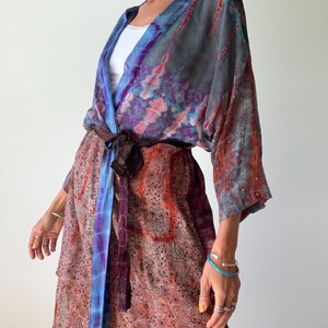 patchwork robe short sheer silk kimono topper comfy light kimono summer boho vacation robe dressing gown morning gown house shirt image 12