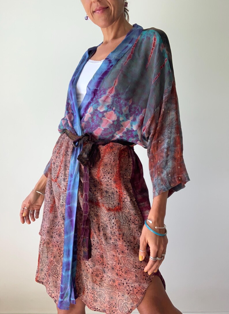 patchwork robe short sheer silk kimono topper comfy light kimono summer boho vacation robe dressing gown morning gown house shirt image 12