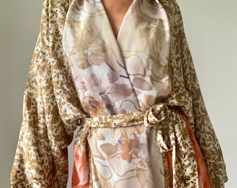 Patchwork silk cardigan daily wear wrap tie waist blouse open front modest vintage and boho light slouchy oversized retro puff sleeve topper