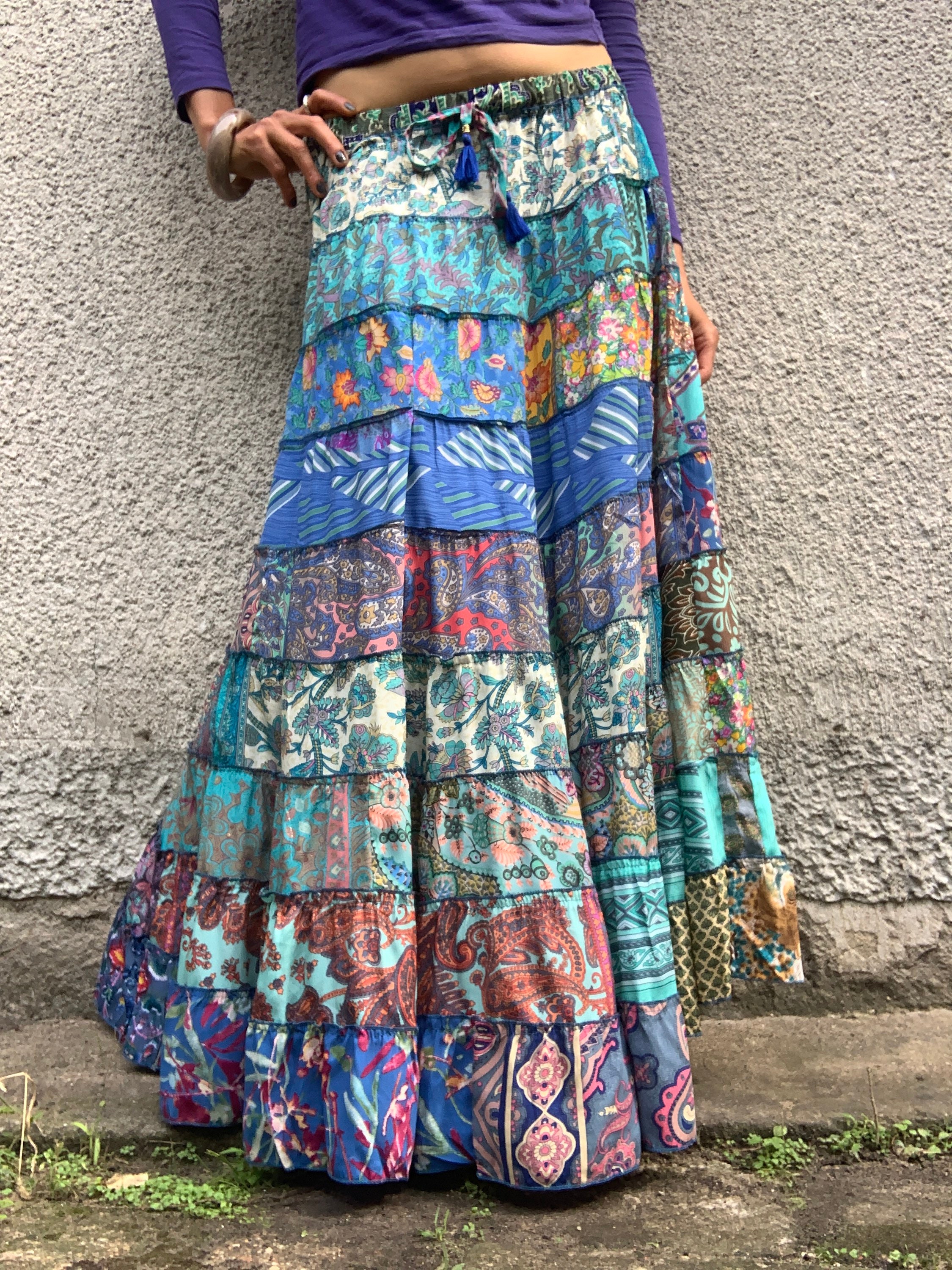 Blue patchwork maxi skirt flowy boho gypsy hippie girl fun | Etsy