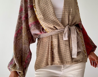 Patchwork Silk Bolero: Boho Wrap Tie Cardigan free size tunic spring shirt for casual wear stylish shirt loose fitting blouse with belt