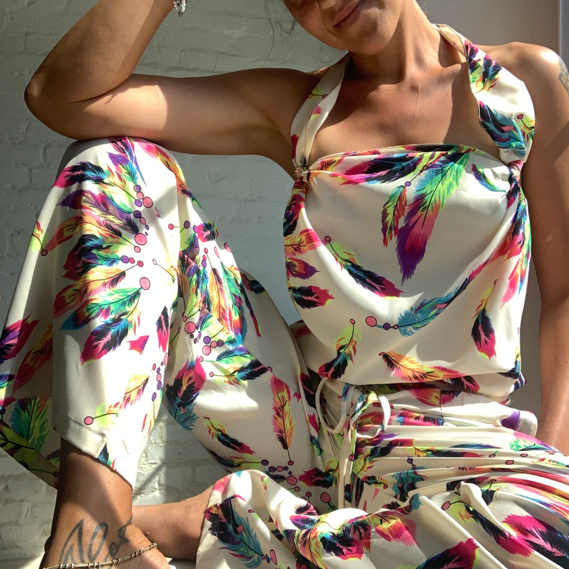 Colourfull bright white feathers summer jumpsuit backless Etsy