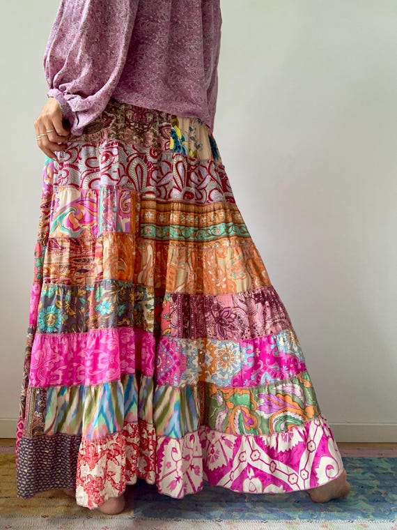 Patchwork Upcycled Skirt Boho Tiered Silk Skirt Flowy Gypsie Nomad Maxi Skirt Colorful Hippie Festival Dance Loose Flared Frilled Skirt Etsy UK