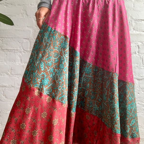 Up cycled skirt vintage silk patchwork maxi skirt modest summer long flared bohemian causal circle skirt comfy loose floaty strip skirt