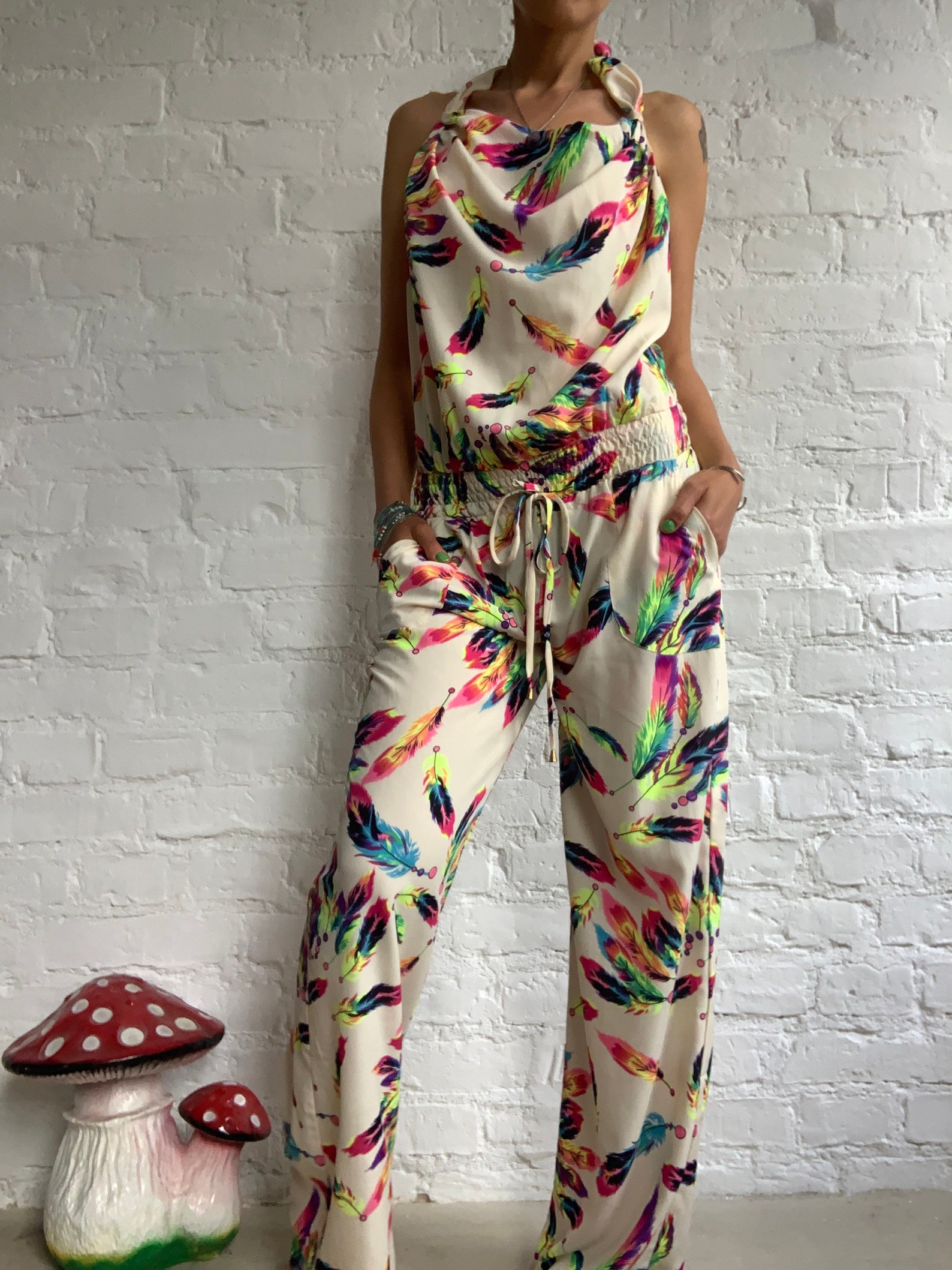 Colourfull bright white feathers summer jumpsuit backless Etsy