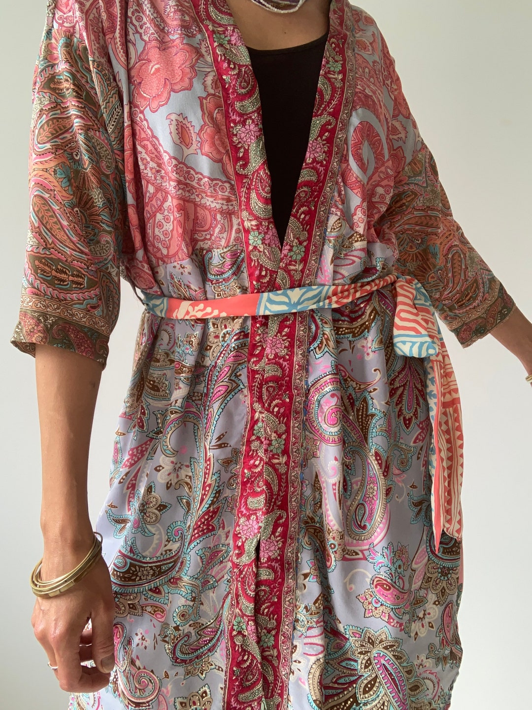 Colorful Boho Topper Midi Silky Duster Robe Patchwork up Cycled Summer ...
