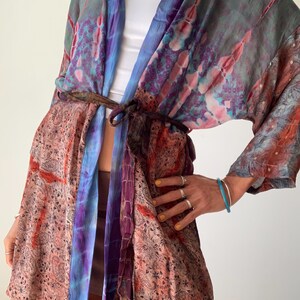 patchwork robe short sheer silk kimono topper comfy light kimono summer boho vacation robe dressing gown morning gown house shirt image 15