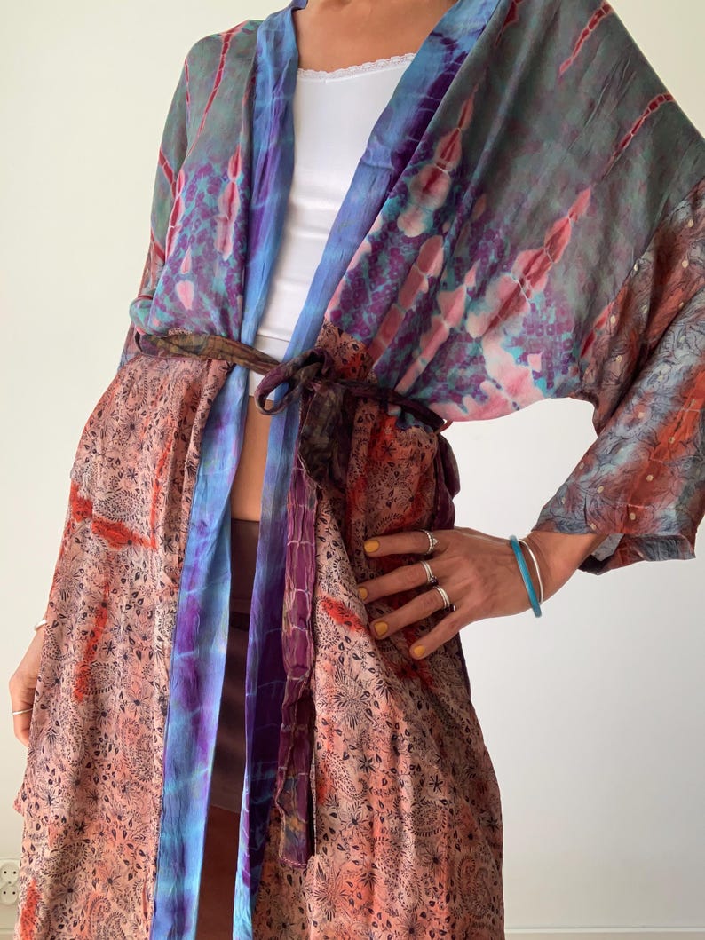 patchwork robe short sheer silk kimono topper comfy light kimono summer boho vacation robe dressing gown morning gown house shirt image 15