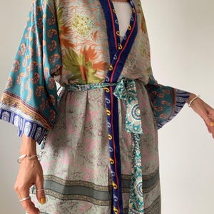 Lightweight beach cover-up trendy patchwork duster cardigan boho maxi robe for lounging silky house coat kimono for daily wear tie belt robe