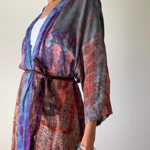 patchwork robe short sheer silk kimono topper comfy light kimono summer boho vacation robe dressing gown morning gown house shirt image 2