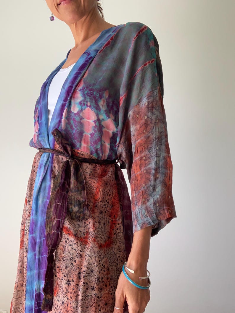 patchwork robe short sheer silk kimono topper comfy light kimono summer boho vacation robe dressing gown morning gown house shirt image 2