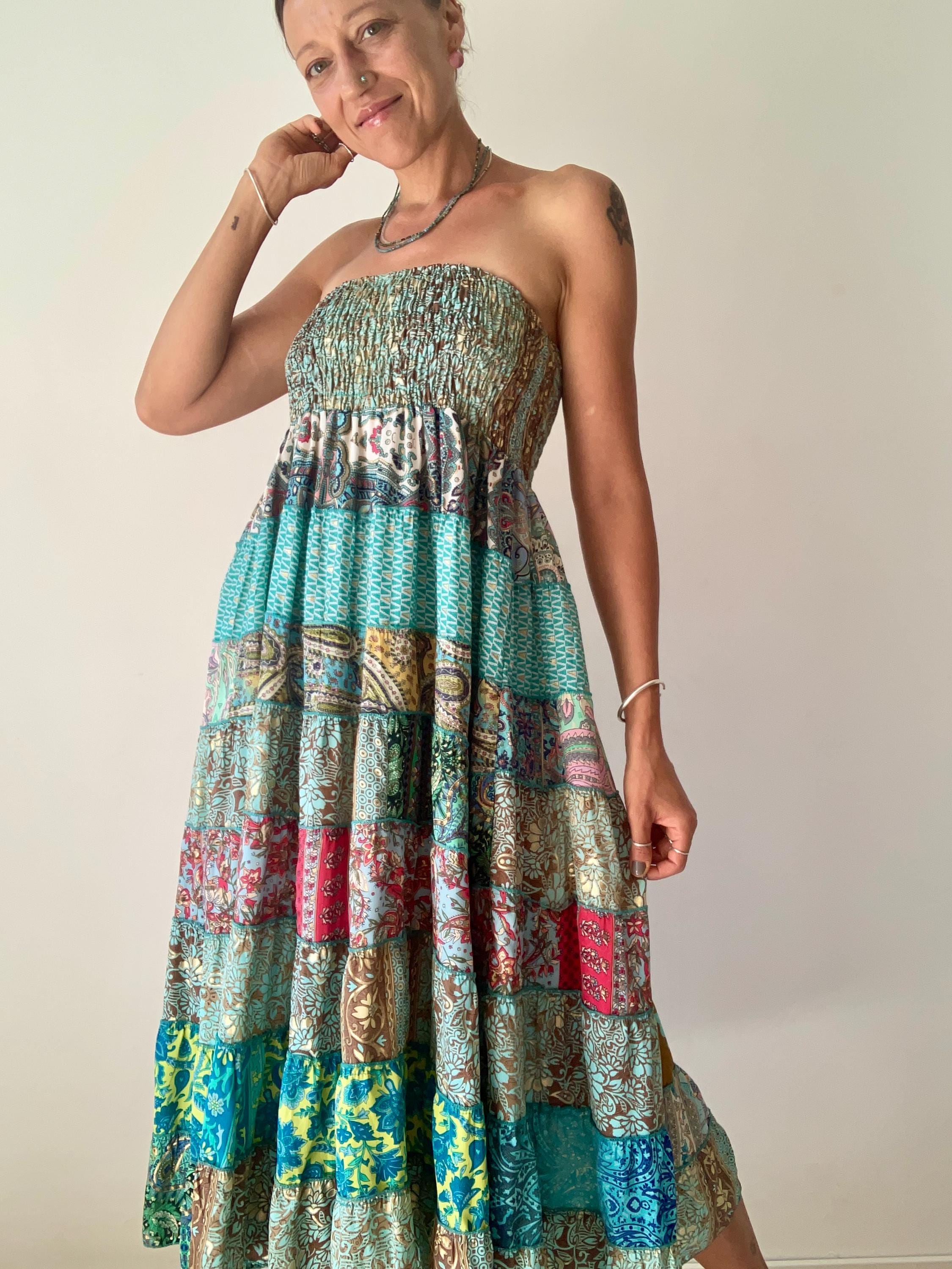 Colorful Flared Circle Skirt Smocked Belt Boho Fun Gypsie