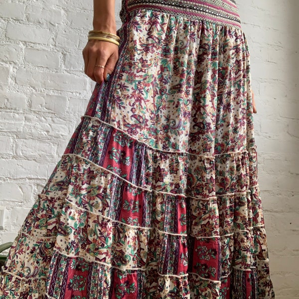 ditsy floral skirt boho chic banjara embroidered belt skirt ruffled tiered flared floaty maxi skirt gypsie dancer party shimmer lined skirt
