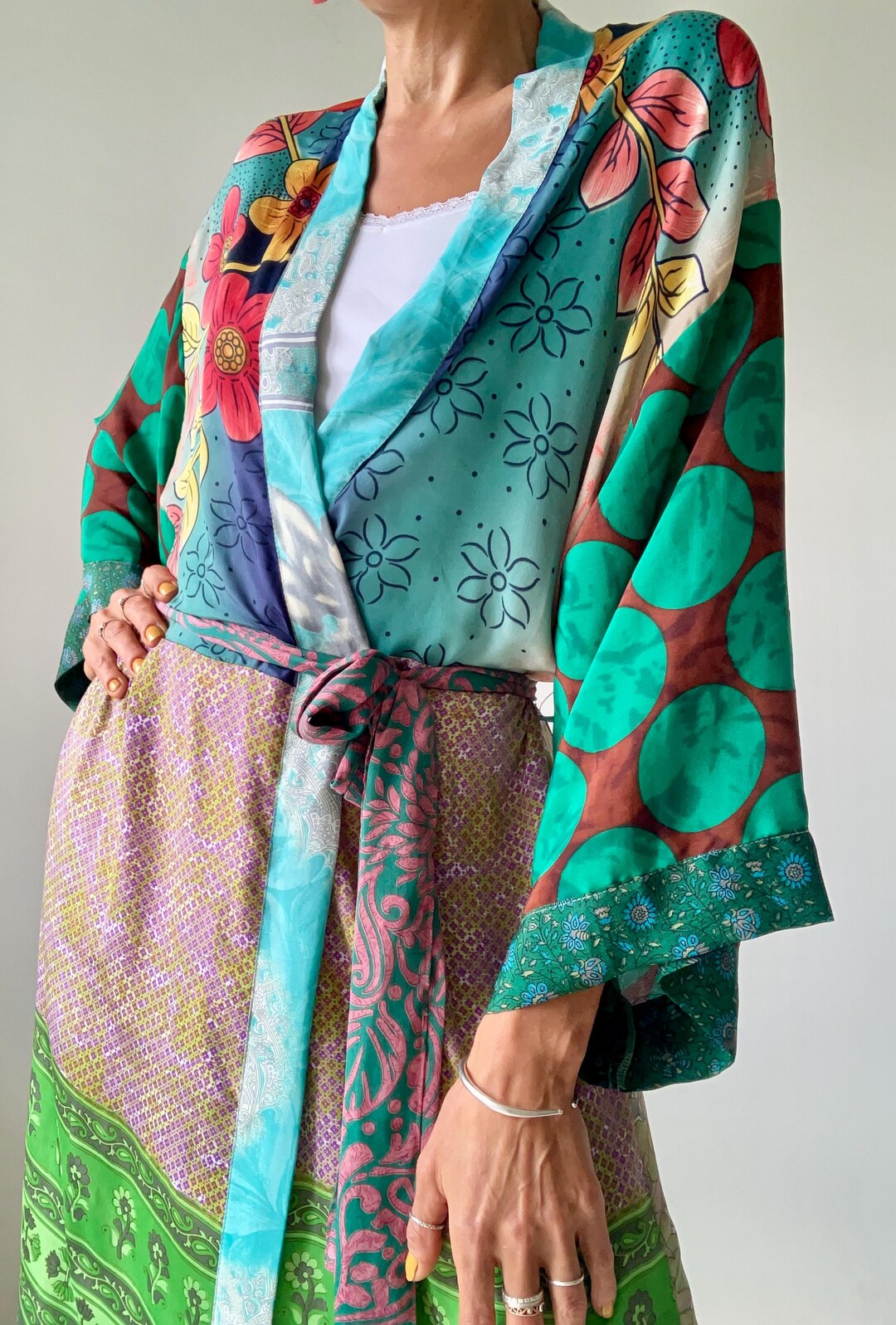 Colourful Robe Boho Patchwork Robe House Coat Colorful Duster Comfy Vintage Silk Over ...
