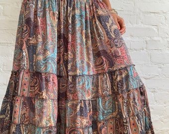 tiered maxi skirt embroidered banjara belt skirt floaty silky ruffled frilled party skirt boho gypsie open back wedding guest dress