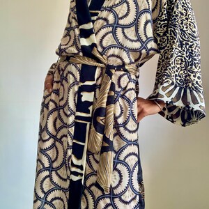 patchwork long kimono robe boho daily topper silky wrap tie waist duster coat dressing gown gift for her urban style comfy over coat