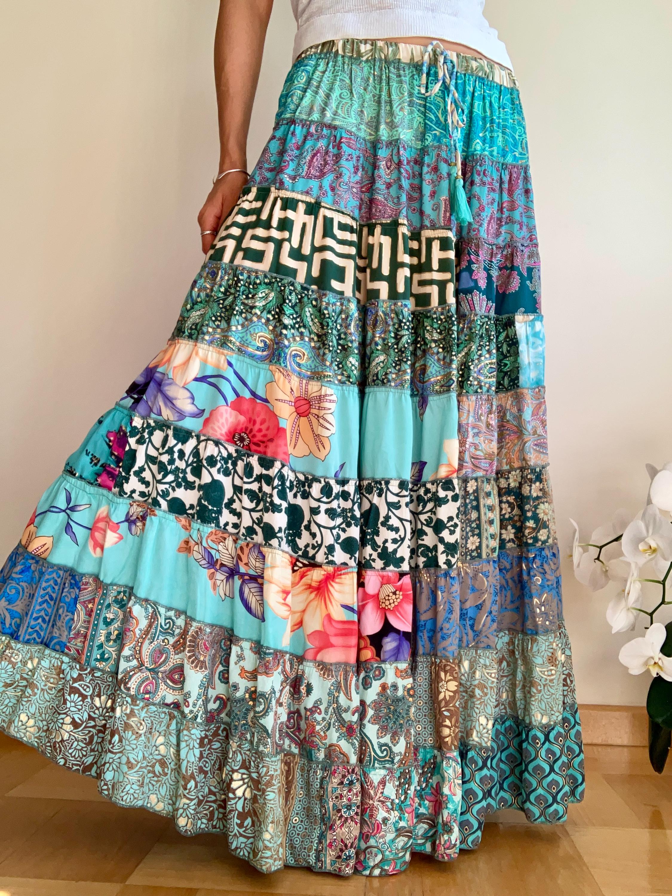 Hippie Gypsy Patchwork Skirt Frilled Floral Broomstick Maxi Skirt Flared Countrycore Colorful Gathered Everyday Peasant Skirt Boho Festival Etsy