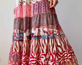 Falda larga de patchwork, falda estilo hada, falda maxi boho exótica para vacaciones de verano, fiesta hippie y falda casual para la playa tropical de Ibiza.