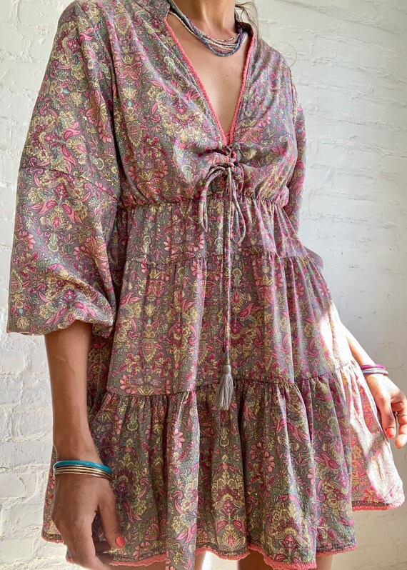 Boho Flutter Dress Puff Sleeve Summer Mini Dress Floral Silky Hippie Party Wedding Guest Midi Petite Cute Dress Romantic Dinner Resort Comfy Etsy