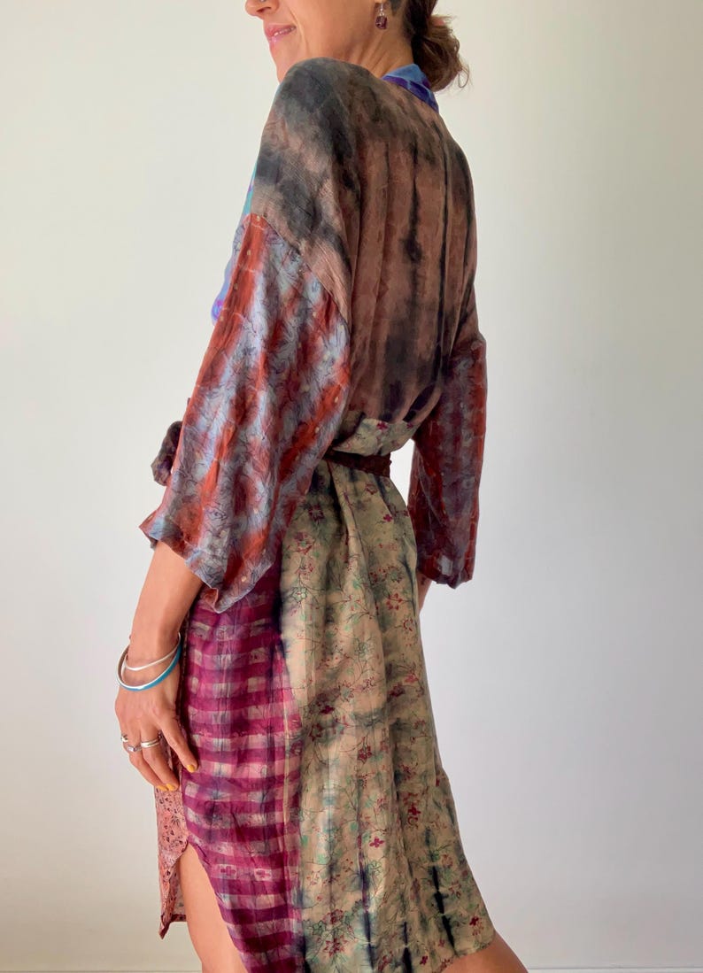 patchwork robe short sheer silk kimono topper comfy light kimono summer boho vacation robe dressing gown morning gown house shirt image 10