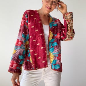 Boho kantha coat for spring oversized hippie reversible coat vintage style soft jacket loose free size open front quilted handcrafted jacket image 10