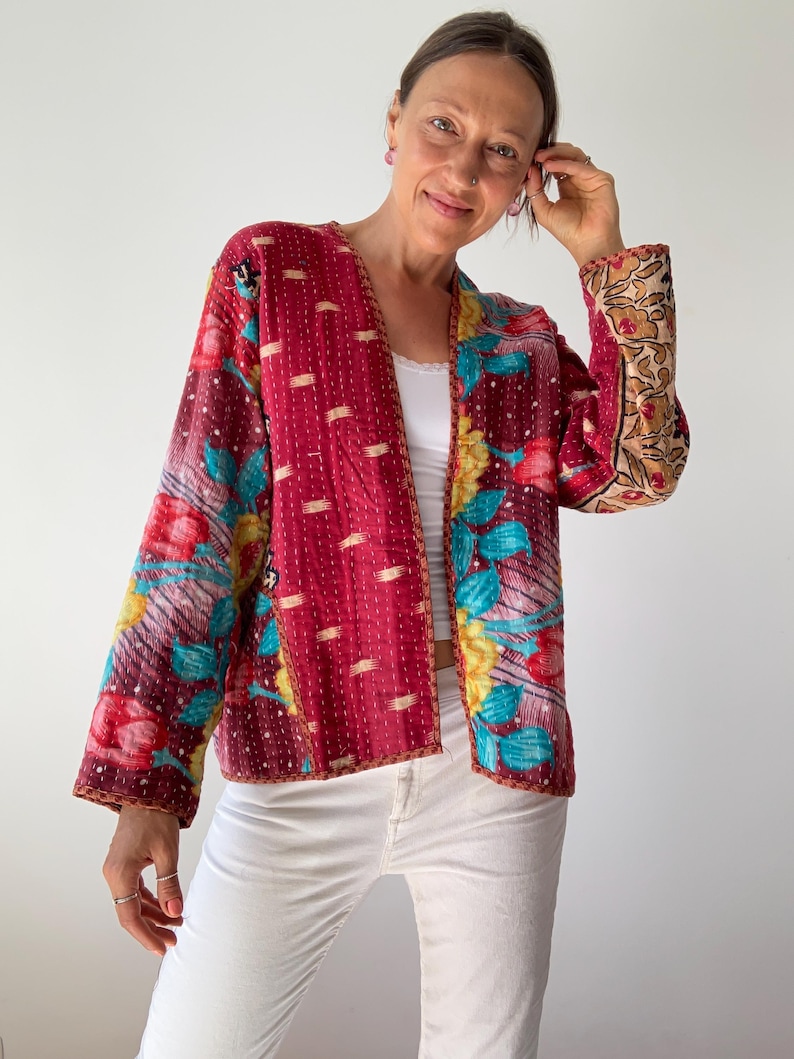 Boho kantha coat for spring oversized hippie reversible coat vintage style soft jacket loose free size open front quilted handcrafted jacket image 10