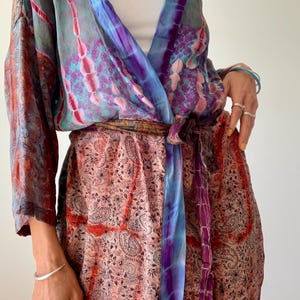 patchwork robe short sheer silk kimono topper comfy light kimono summer boho vacation robe dressing gown morning gown house shirt image 11