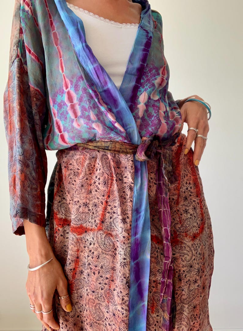 patchwork robe short sheer silk kimono topper comfy light kimono summer boho vacation robe dressing gown morning gown house shirt image 11