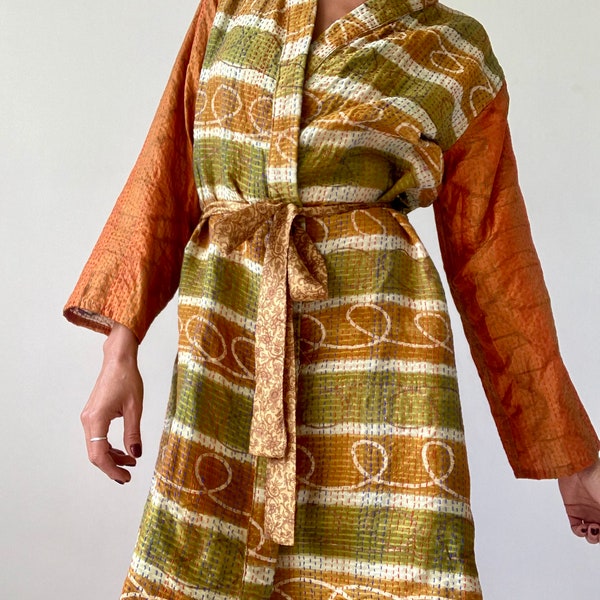 Lightweight jacket silk kantha stiched midi coat boho vintage natural kimono patchwork long jacket comfy loose open front belted midi coat