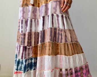 Tie dye patchwork skirt boho hippie tiered skirt flared long skirt festival party colorful wrinkled skirt fairy core country core style