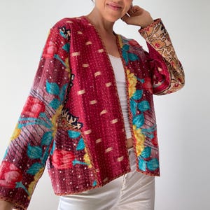 Boho kantha coat for spring oversized hippie reversible coat vintage style soft jacket loose free size open front quilted handcrafted jacket image 4