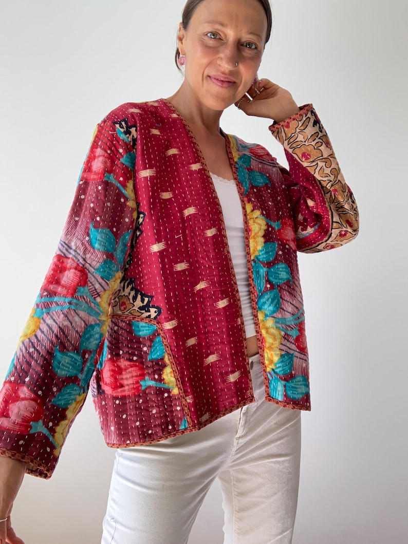 Boho kantha coat for spring oversized hippie reversible coat vintage style soft jacket loose free size open front quilted handcrafted jacket image 4
