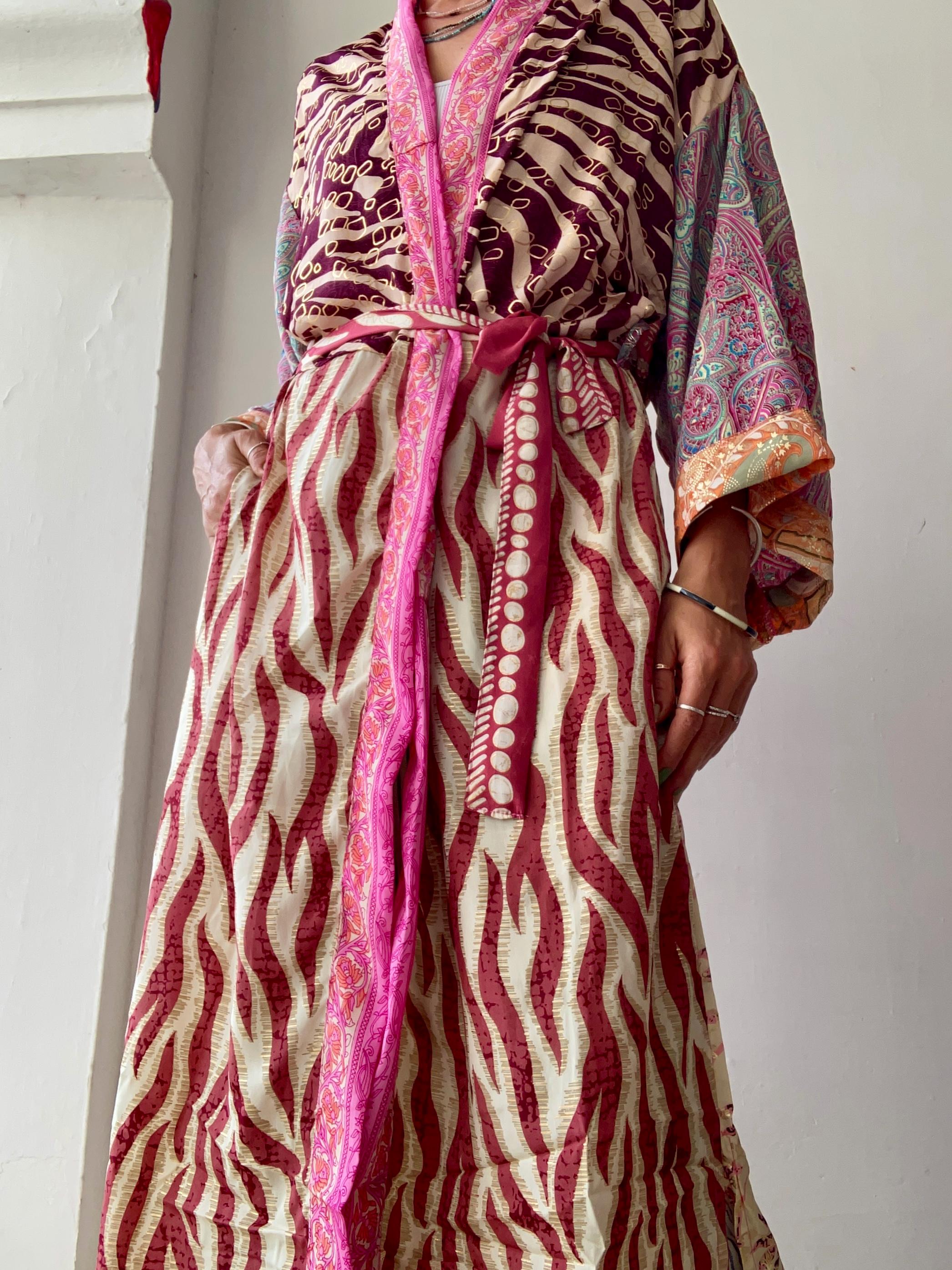 Colourful Robe Colourful Patchwork Kimono Robe Comfy Wrap Tie Duster Boho Pink Silky ...