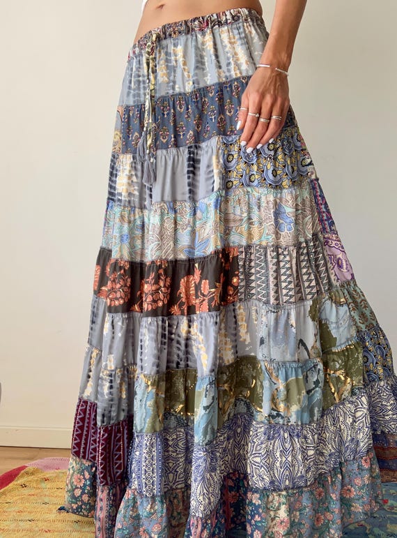 Frilled Patchwork Skirt Tiered Floaty Long Skirt Boho Hippie Comfy