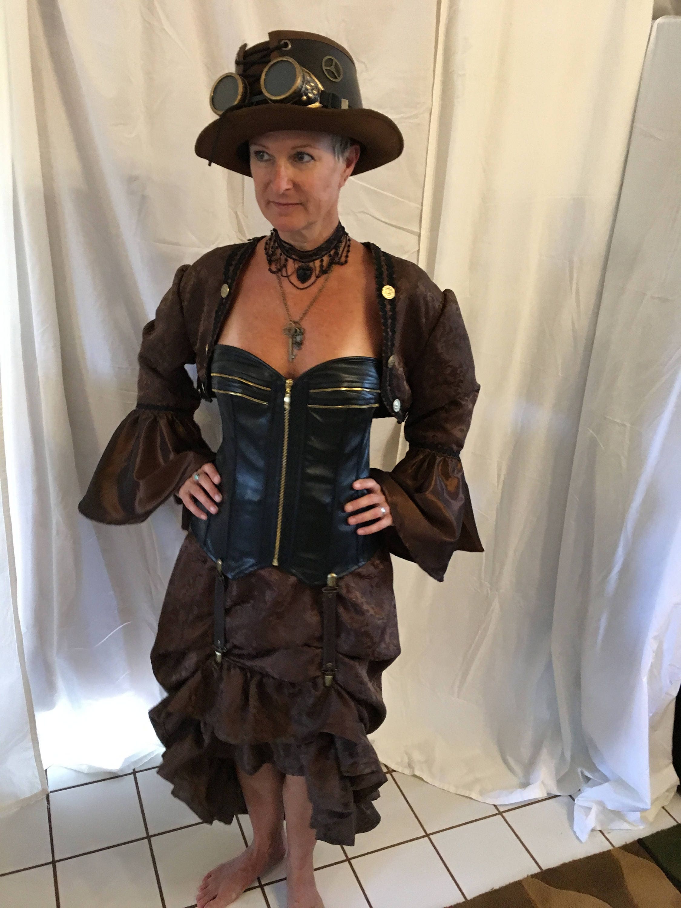 Steampunk Outfit-size 10-12 skirt and Shrug Upcycled, Black Faux Leather  Corset, Hat With Goggles, Includes Necklaces, Skirt Hiker Straps -   Canada