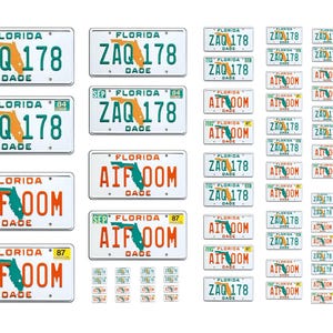 May include: A collection of Florida license plates with the state outline in orange and green. The plates display the text "FLORIDA" at the top, with various alphanumeric combinations and the word "DADE" at the bottom.