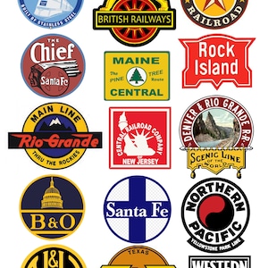 May include: A collection of vintage railroad logos, including the "Chief" Santa Fe, "Rio Grande", "B&O", "N&W", "Texas & New Orleans", "Western Pacific", "Northern Pacific", "Rock Island", "Maine Central", "Denver & Rio Grande", "Central Railroad of New Jersey", and "British Railways".