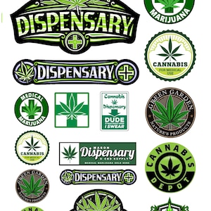 Op de afbeelding: Een verzameling van diverse grafische stickers met illustraties van cannabisbladeren, medische kruissymbolen en tekst waaronder Dispensary, Medical Marijuana, Cannabis, Green Garden en Cannabis Depot in tinten groen, zwart en wit.