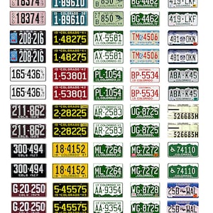 May include: A collection of vintage Colorado license plates, featuring a variety of colors, designs, and years. The plates are arranged in rows, with each row representing a different decade. Some of the plates have unique features, such as a mountain scene or a state seal.