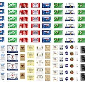 May include: A sheet of 100 miniature bottle labels, featuring various brands like Sprite, 7 Up, and Corona. The labels are printed on white paper with a variety of colors and designs.