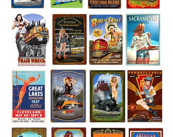miniature scale model vintage train railroad pin up girl signs posters set 2