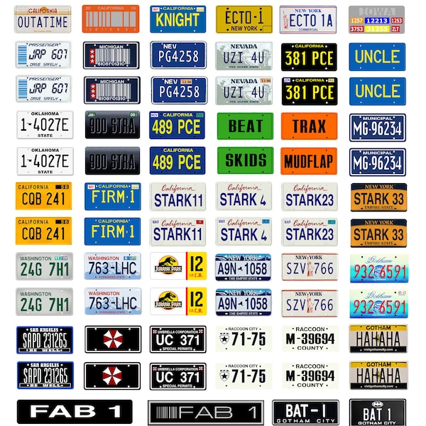 scale model car assorted science fiction TV movie license plates tags