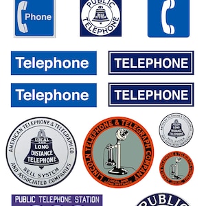 May include: A collection of vintage public telephone signs and logos. The signs feature blue and white colors with the text "Phone", "Public Telephone", and "Bell System".  The logos feature a bell, a telephone receiver, and the text "American Telephone & Telegraph Co.", "Lincoln Telephone & Telegraph Company", and "Western Union".