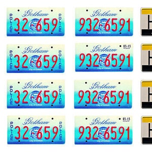 May include: A set of 12 black and white license plates with various text, including "2F-3567", "BAT 1", "GOTHAM CITY", "TP-6597", and "GOTHAM 1966".
